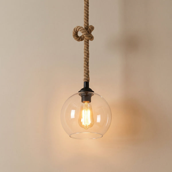Glass Globe Pendant Light Hemp Rope Clear Shade Edison Bulb Hanging Ceiling Fixture