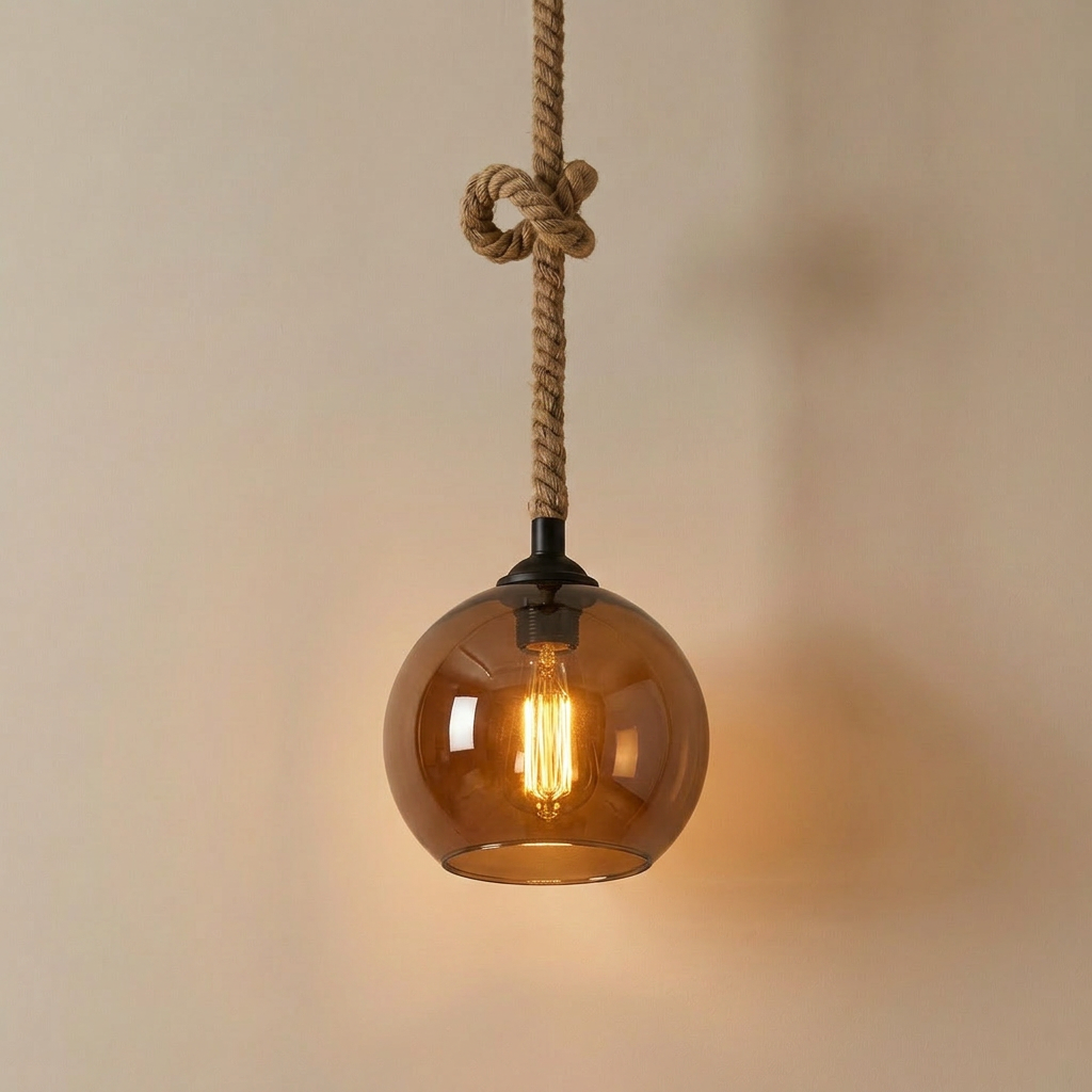 Peniche pendant light with amber glass globe shade, lit Edison bulb, and knotted hemp rope cord, front view