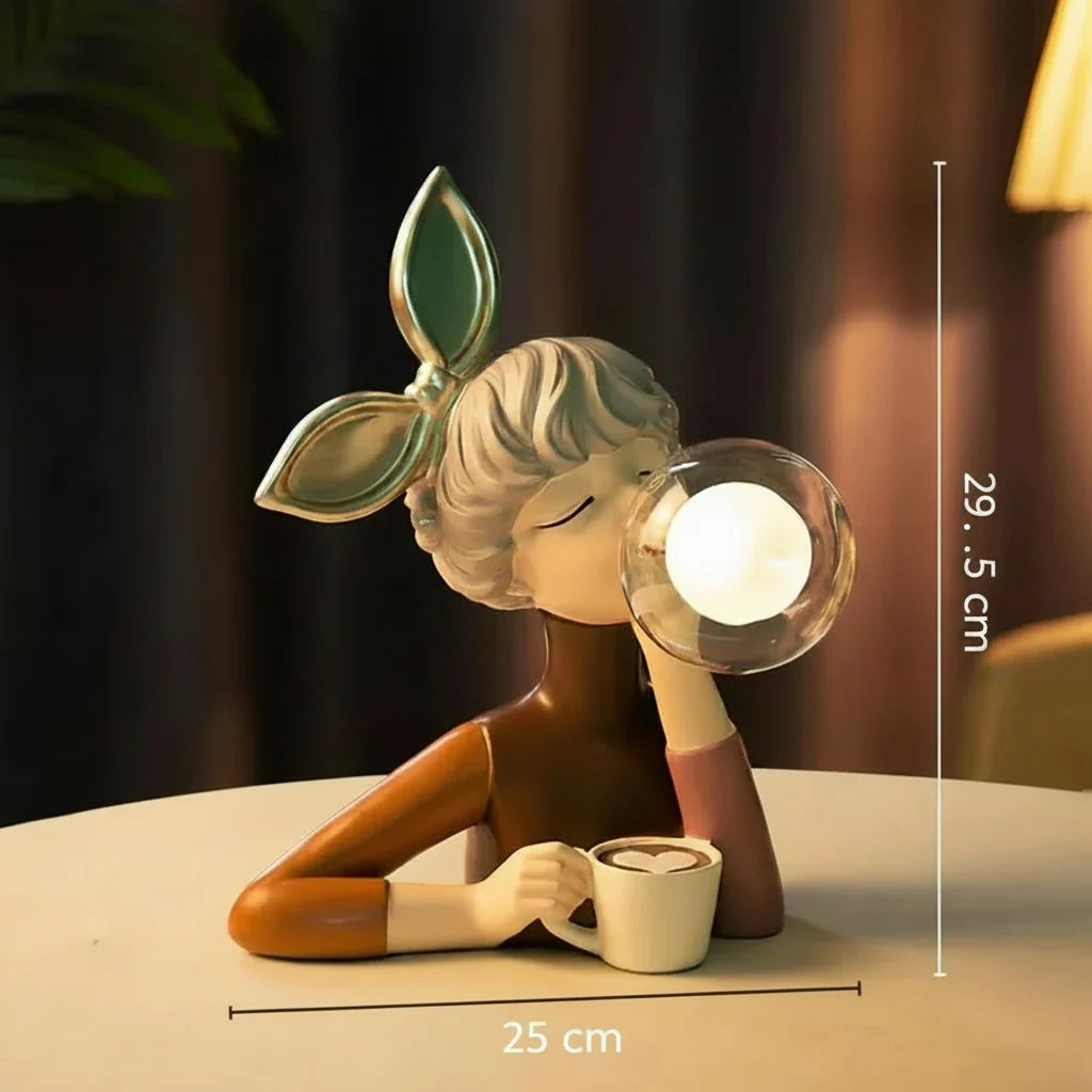LED Lamp Girl Blowing Bubble Decorative Figurine Night Light Resin Home Desk Decor