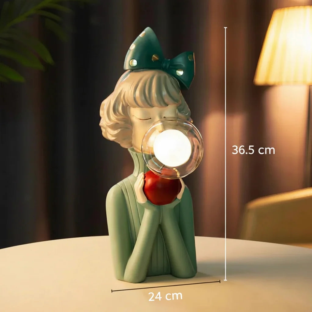 LED Lamp Girl Blowing Bubble Decorative Figurine Night Light Resin Home Desk Decor