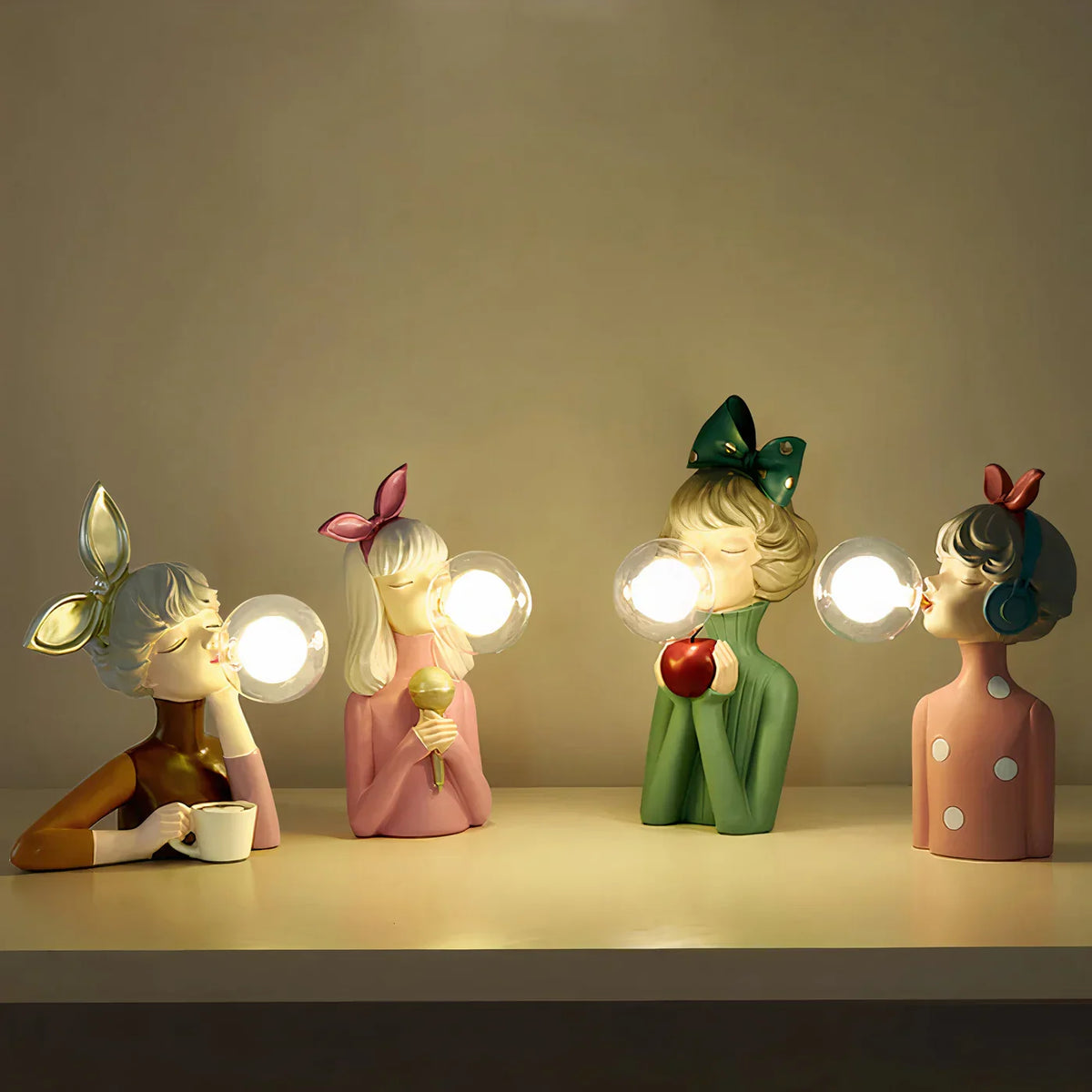 LED Lamp Girl Blowing Bubble Decorative Figurine Night Light Resin Home Desk Decor
