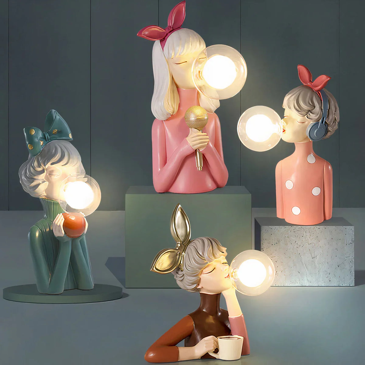 LED Lamp Girl Blowing Bubble Decorative Figurine Night Light Resin Home Desk Decor