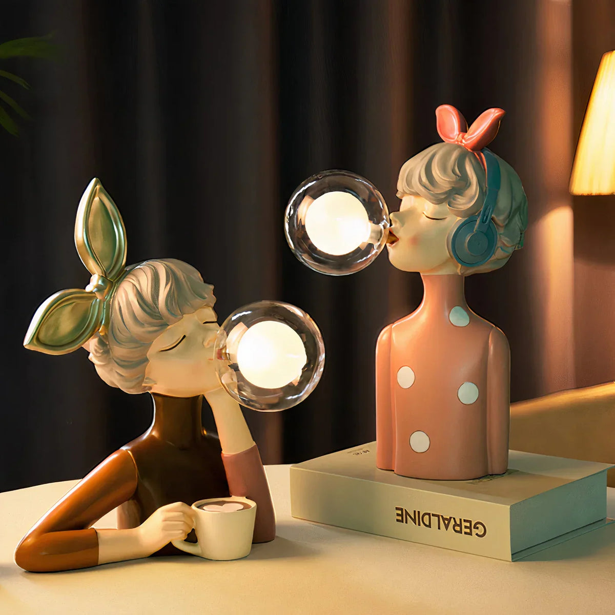 LED Lamp Girl Blowing Bubble Decorative Figurine Night Light Resin Home Desk Decor