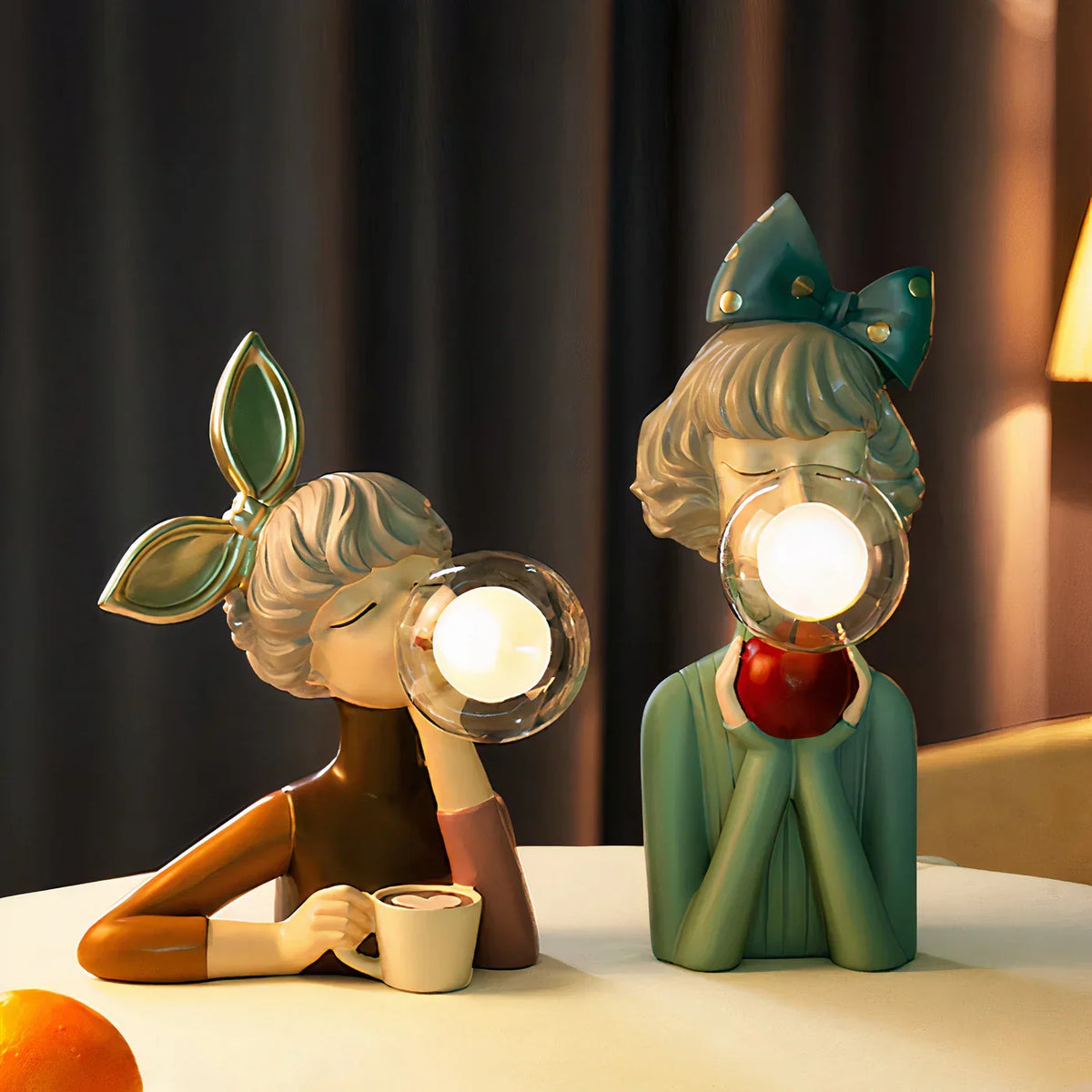 LED Lamp Girl Blowing Bubble Decorative Figurine Night Light Resin Home Desk Decor
