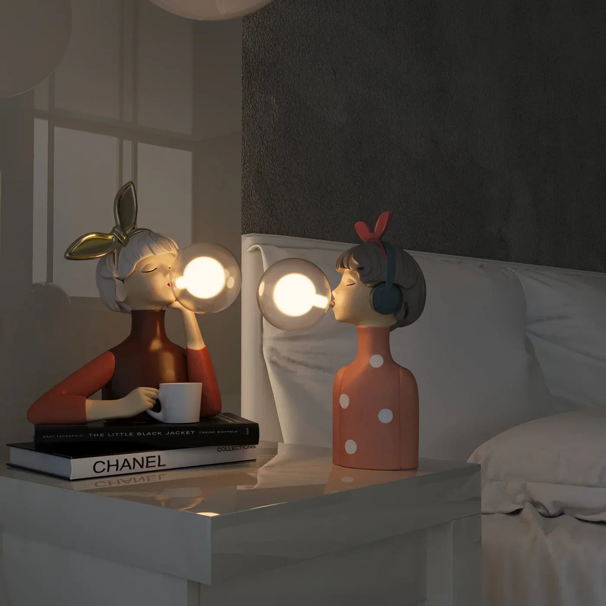 LED Lamp Girl Blowing Bubble Decorative Figurine Night Light Resin Home Desk Decor