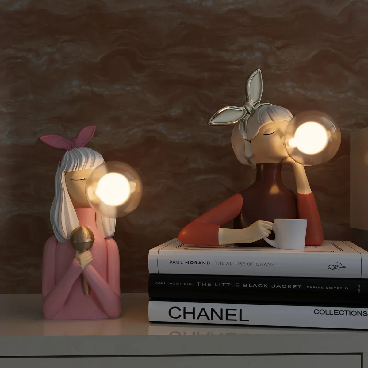 LED Lamp Girl Blowing Bubble Decorative Figurine Night Light Resin Home Desk Decor
