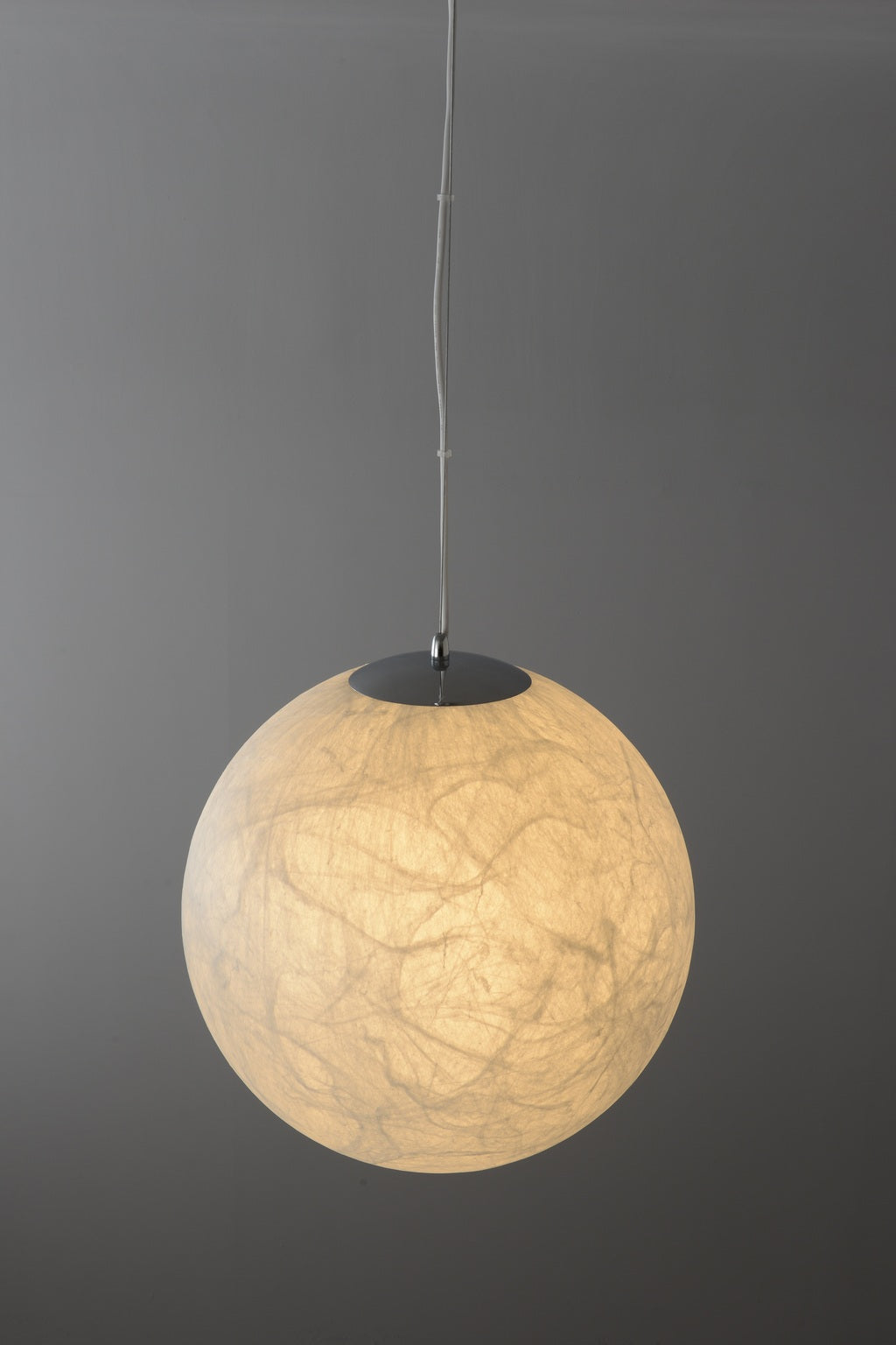 Natural mulberry silk globe pendant real photograph illuminated top oblique view