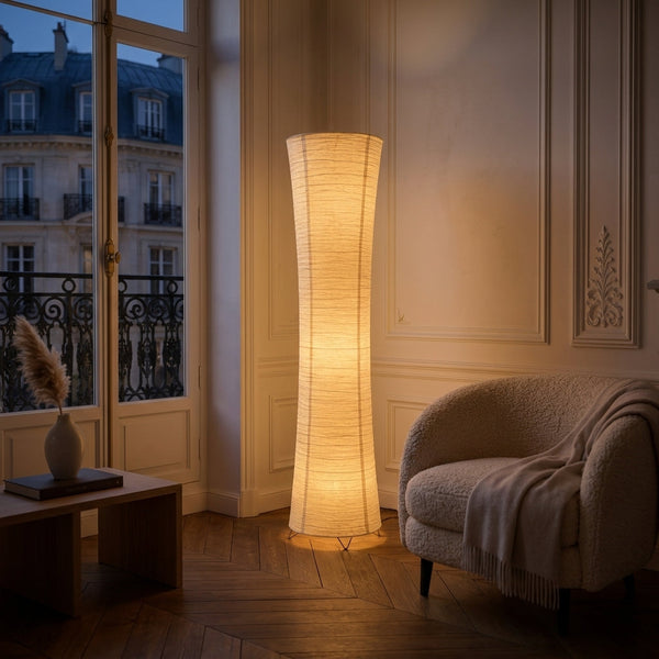 Ribbed Ivory Floor Lamp Tall Column Curved Paper Shade Accent Lighting Living Room