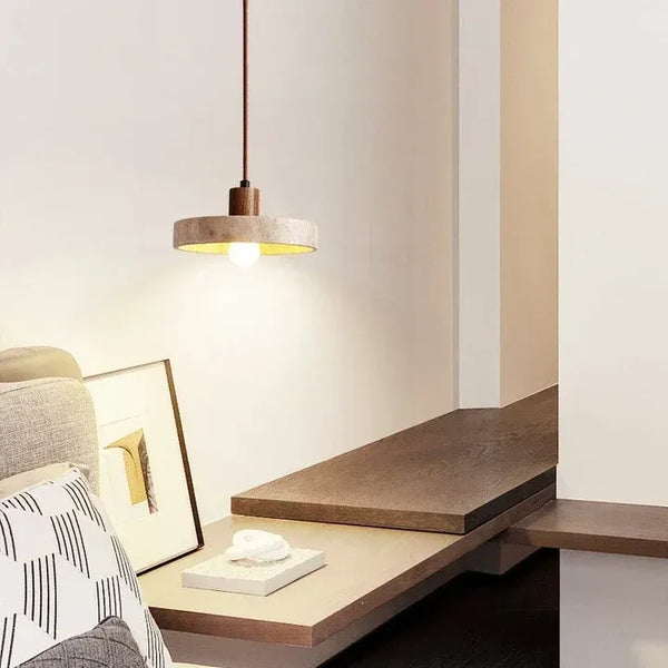 Japandi Pendant Light Travertine Walnut Disc Hanging Ceiling Lamp 8 Inch