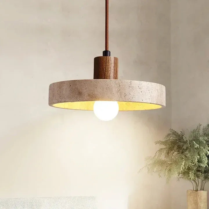 Japandi Pendant Light Travertine Walnut Disc Hanging Ceiling Lamp 8 Inch