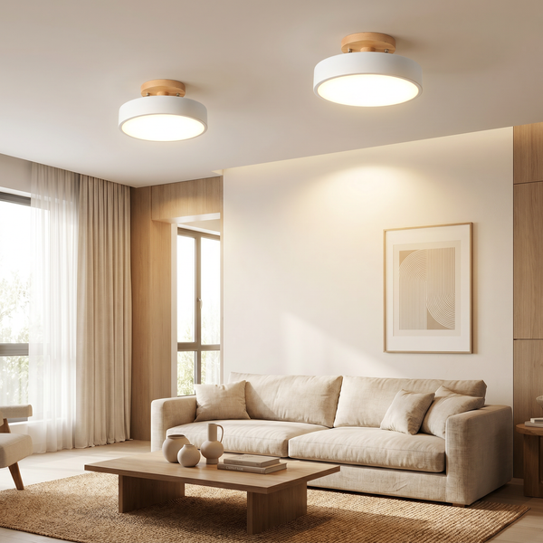 LED Semi Flush Ceiling Lights Round Wood Drum Shade Dimmable Hallway Bedroom