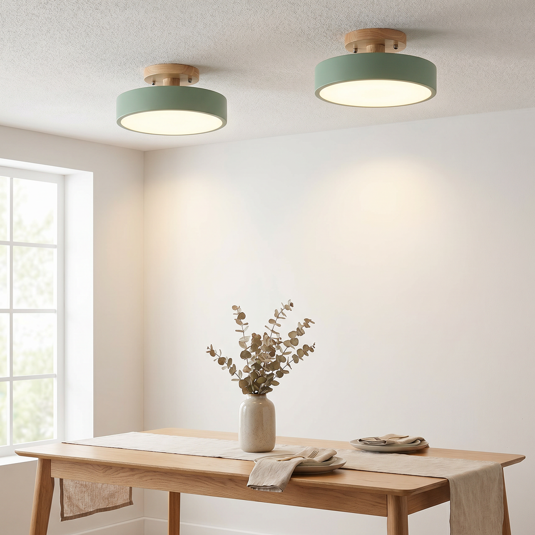 LED Semi Flush Ceiling Lights Round Wood Drum Shade Dimmable Hallway Bedroom