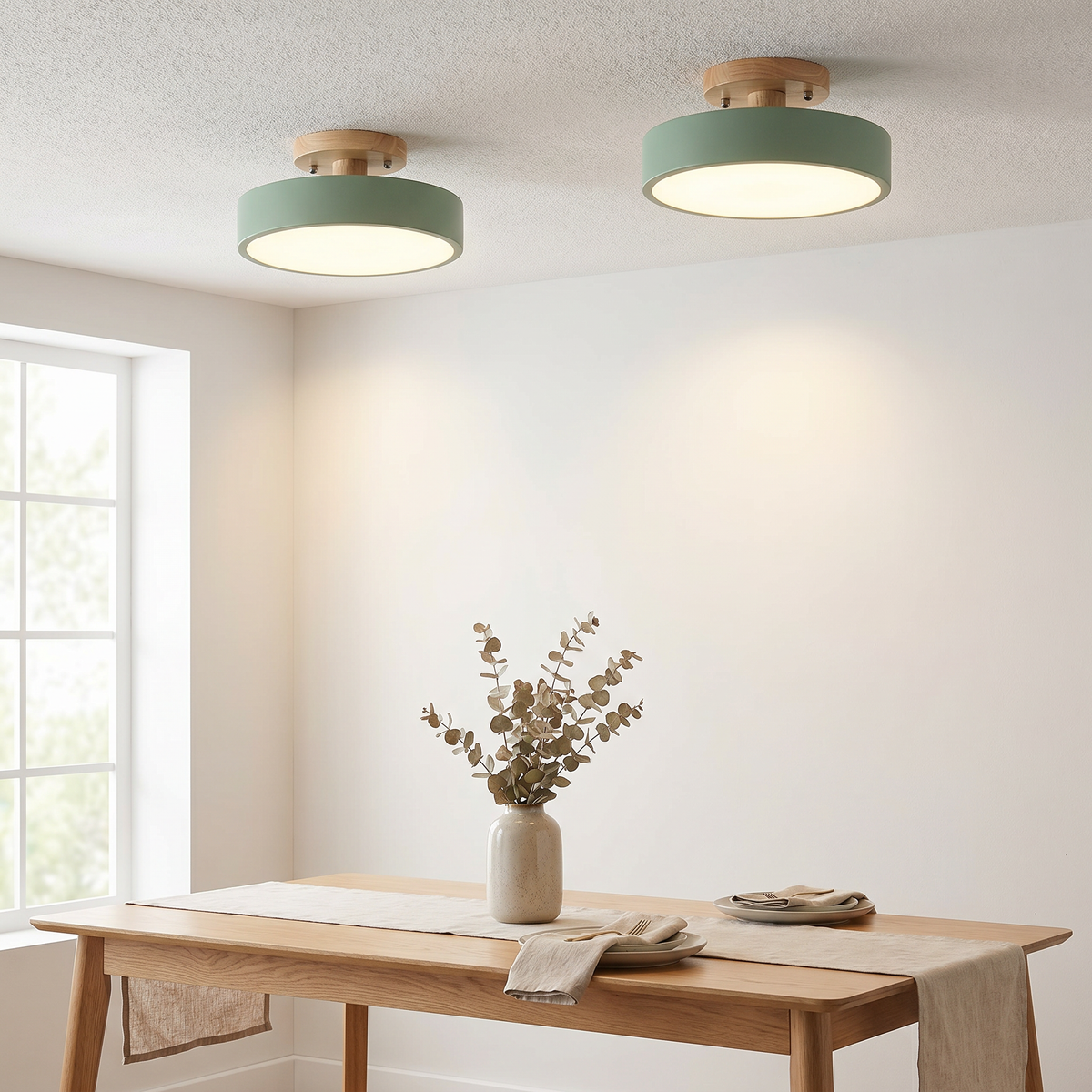 LED Semi Flush Ceiling Lights Round Wood Drum Shade Dimmable Hallway Bedroom