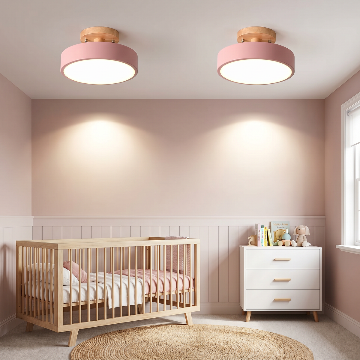 LED Semi Flush Ceiling Lights Round Wood Drum Shade Dimmable Hallway Bedroom