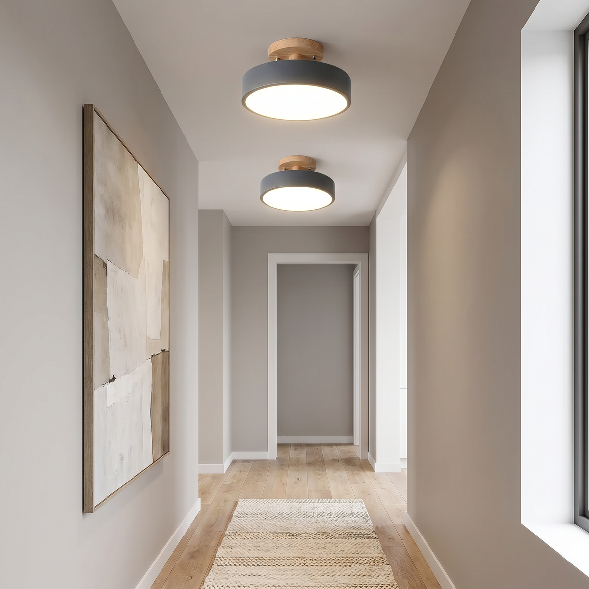 LED Semi Flush Ceiling Lights Round Wood Drum Shade Dimmable Hallway Bedroom
