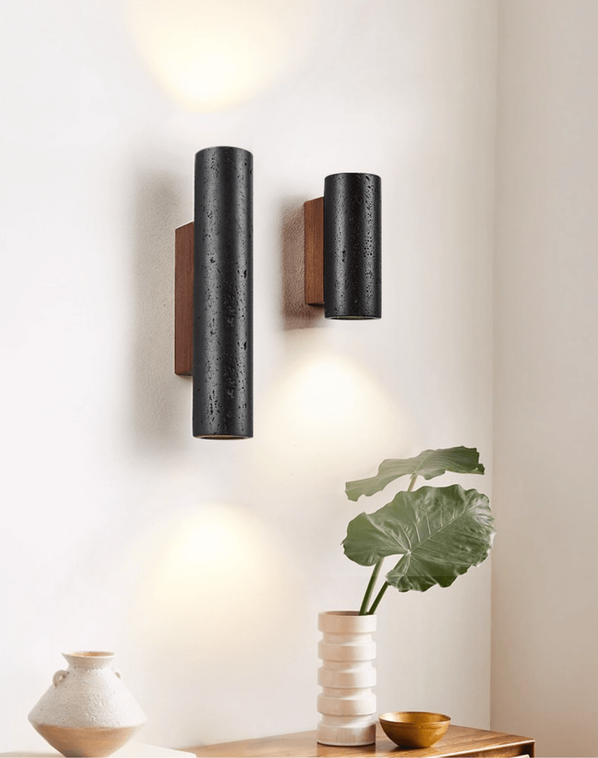 Side profile showing travertine column form and proportions
