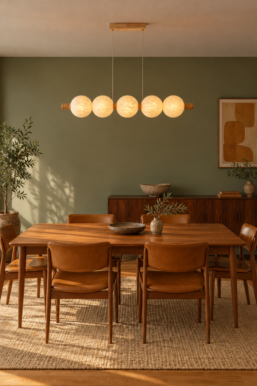 5-globe horizontal natural mulberry silk pendant with light wood details, teak dining on interior