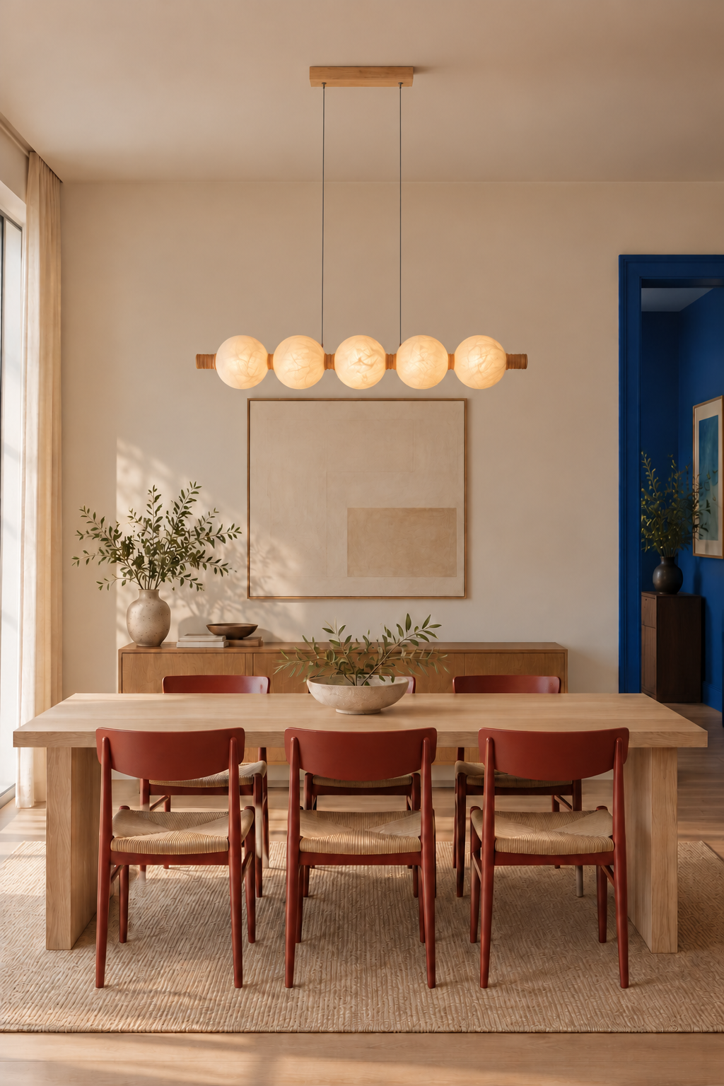5-globe horizontal natural mulberry silk pendant with light wood details, dining on interior