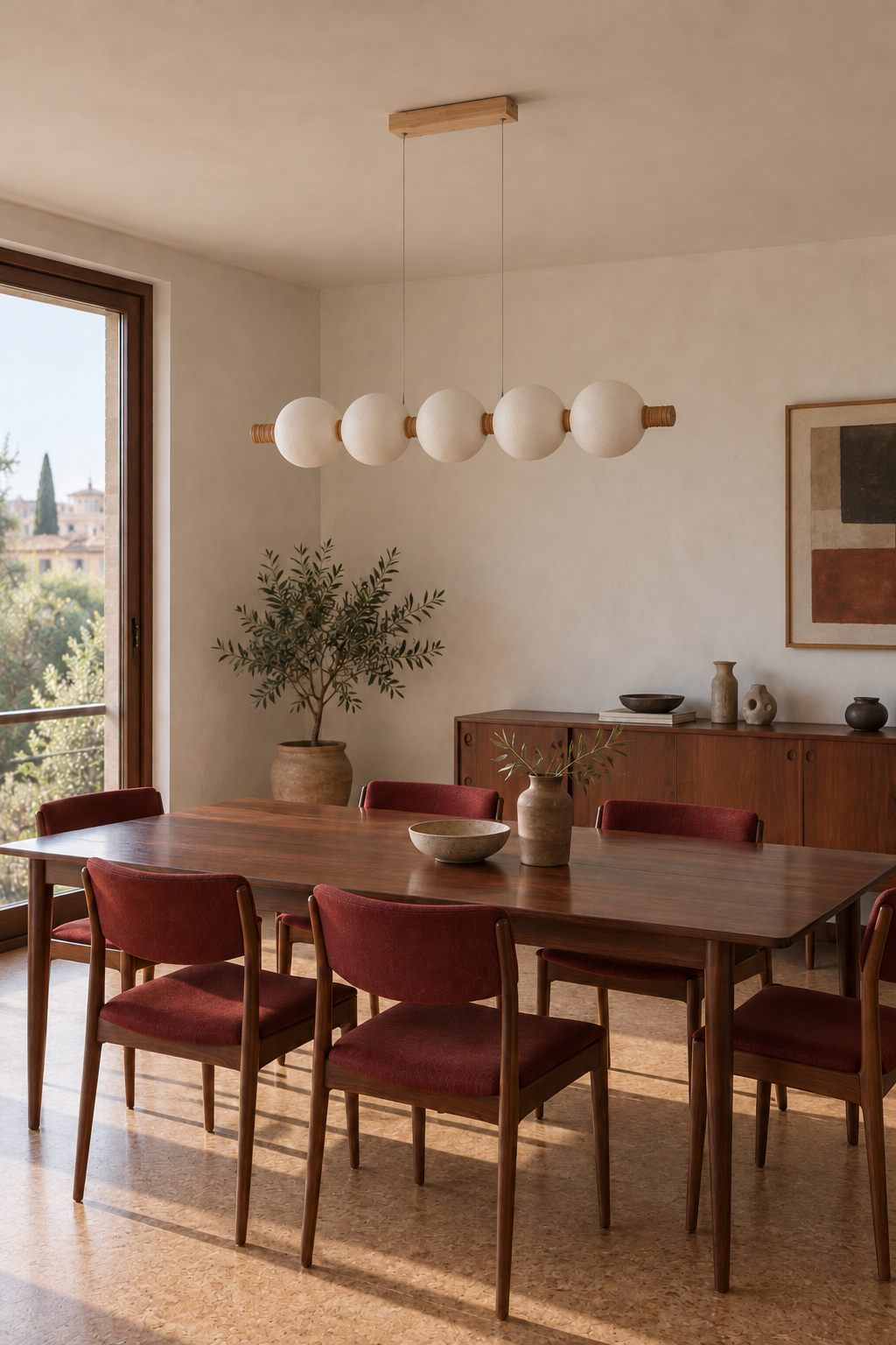 5-globe horizontal natural mulberry silk pendant with light wood details, rosewood dining off interior