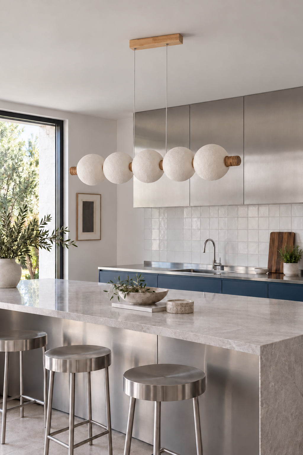 5-globe horizontal natural mulberry silk pendant with light wood details, kitchen off interior