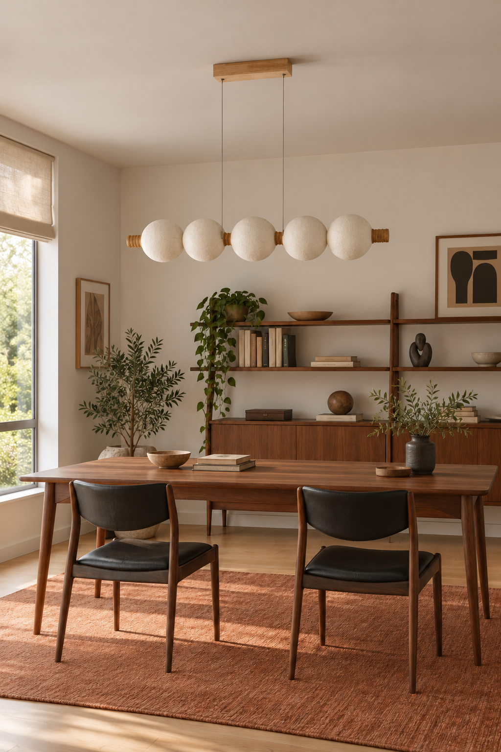 5-globe horizontal natural mulberry silk pendant with light wood details, library table off interior