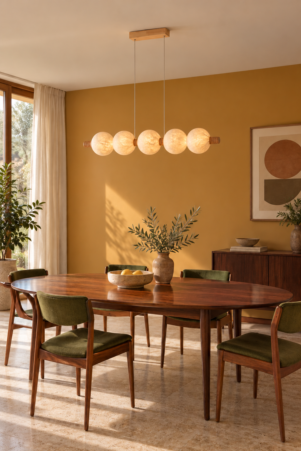 5-globe horizontal natural mulberry silk pendant with light wood details, window dining on interior