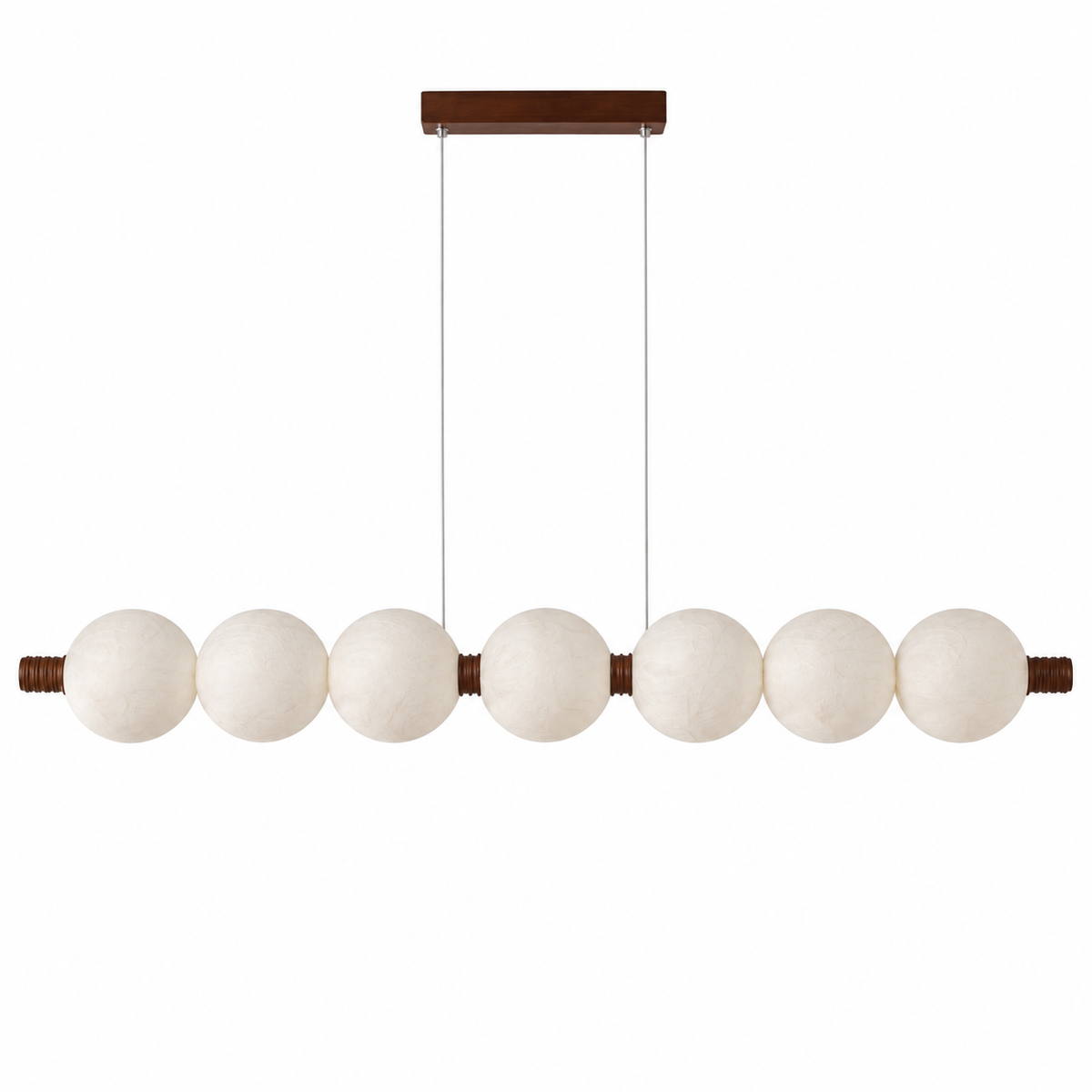 7-globe horizontal natural mulberry silk pendant with dark wood details, complete product on white