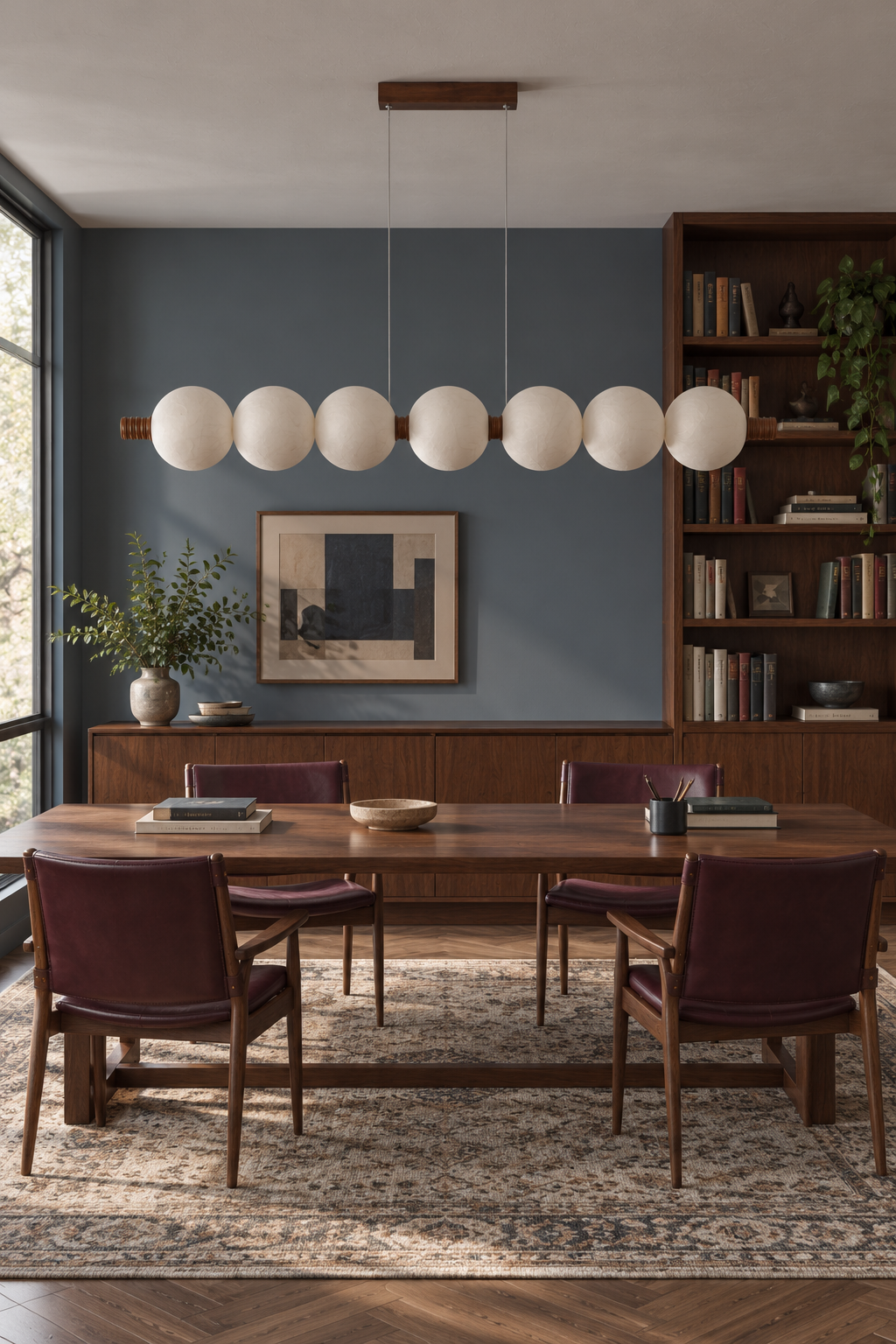 7-globe horizontal natural mulberry silk pendant with dark wood details, horizontal 7 dark library interior