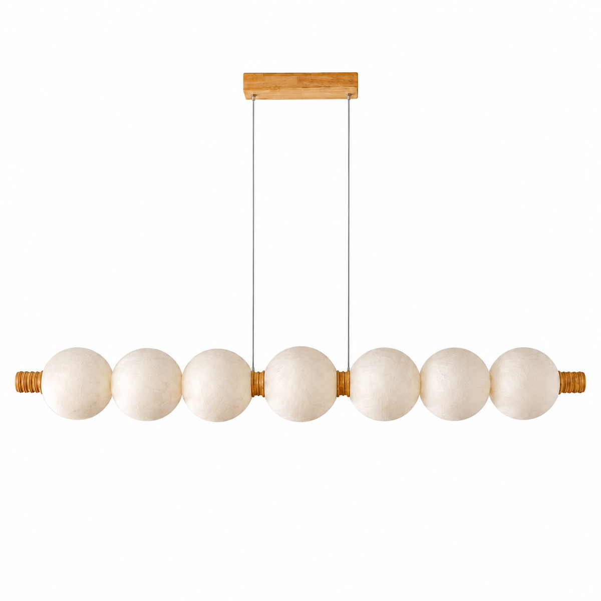 7-globe horizontal natural mulberry silk pendant with light wood details, complete product on white