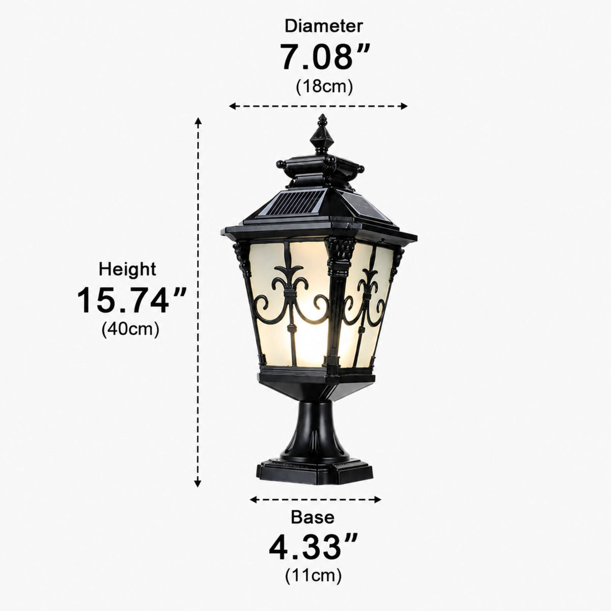 Solar Lights Outdoor Post Cap Light Black Scrollwork Frosted Glass Lantern Fence Patio