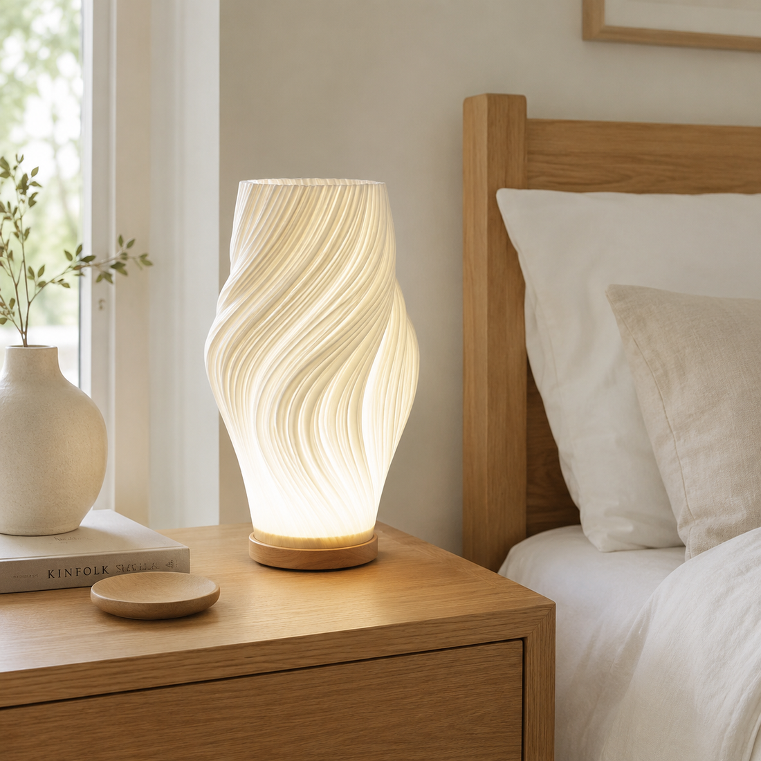 Modern Table Lamp Wave Twisted Design Wood Base Warm Ambient Glow Bedside Lighting