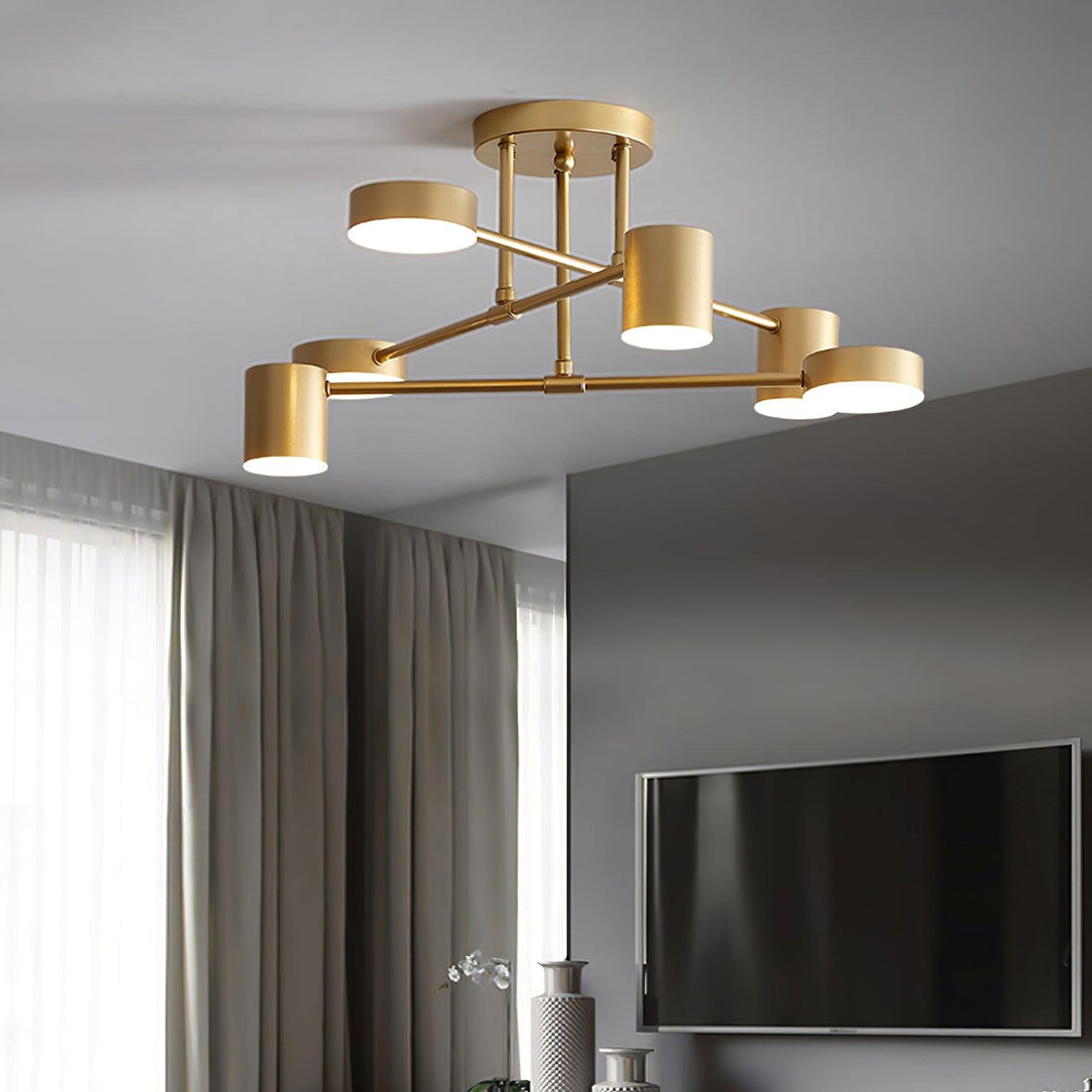 Black and Gold Ceiling Light 6-Light Sputnik Starburst Semi Flush Mount Living Room