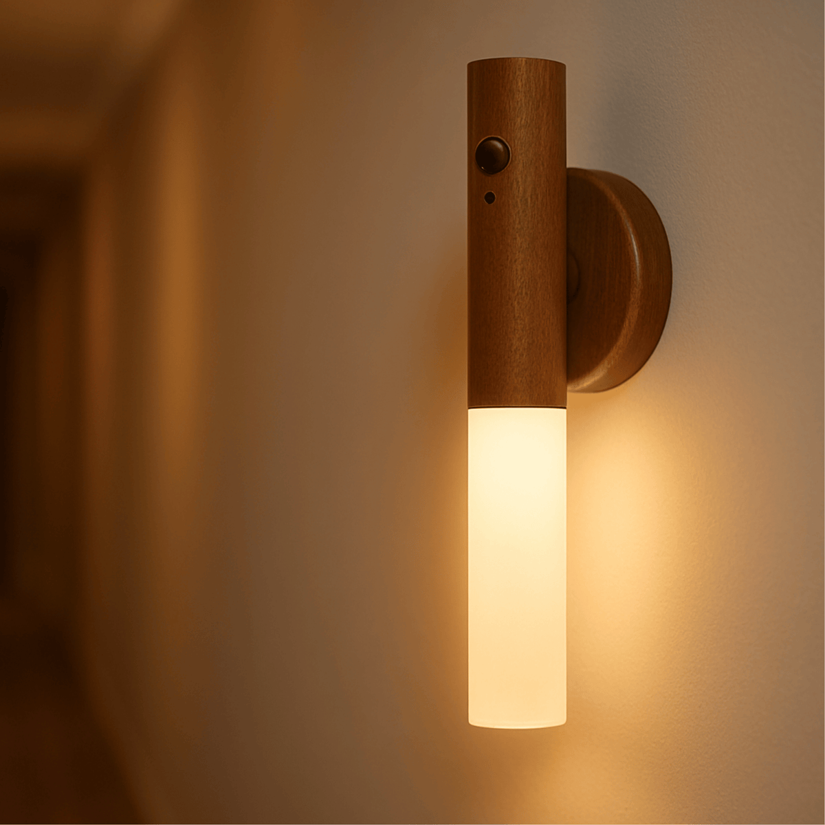 Wren rechargeable wooden wall sconce with motion sensor, battery operated, no wiring