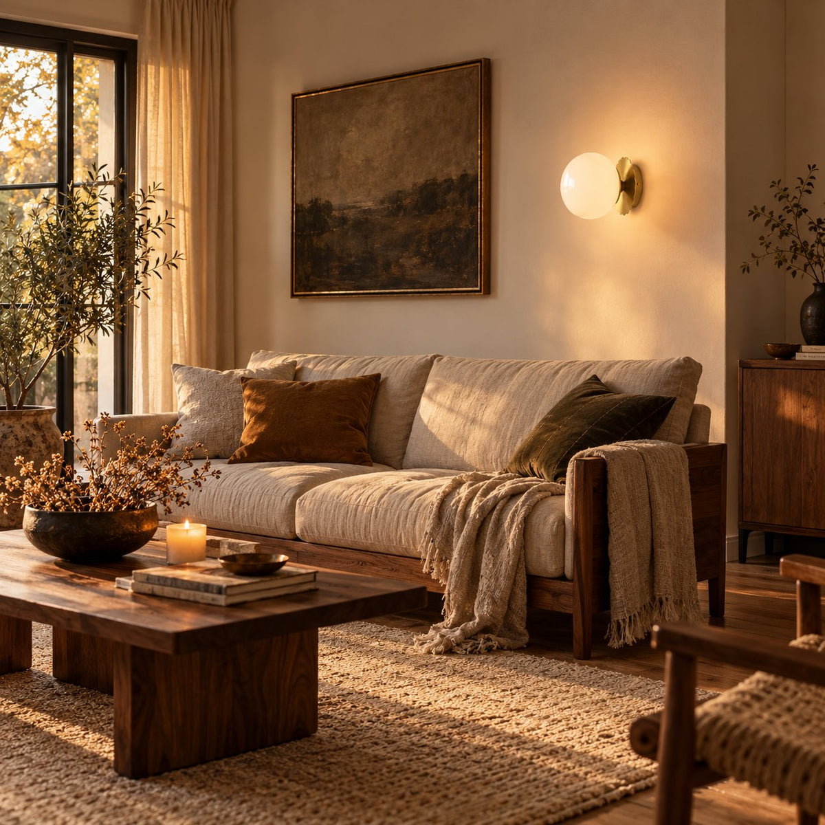 Tâmega convertible wall sconce with white glass above a linen sofa in a sitting room.