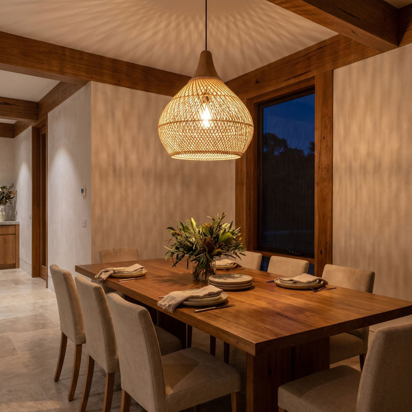 Rattan Pendant Light Teardrop Woven Shade Wood Top Hanging Ceiling Fixture