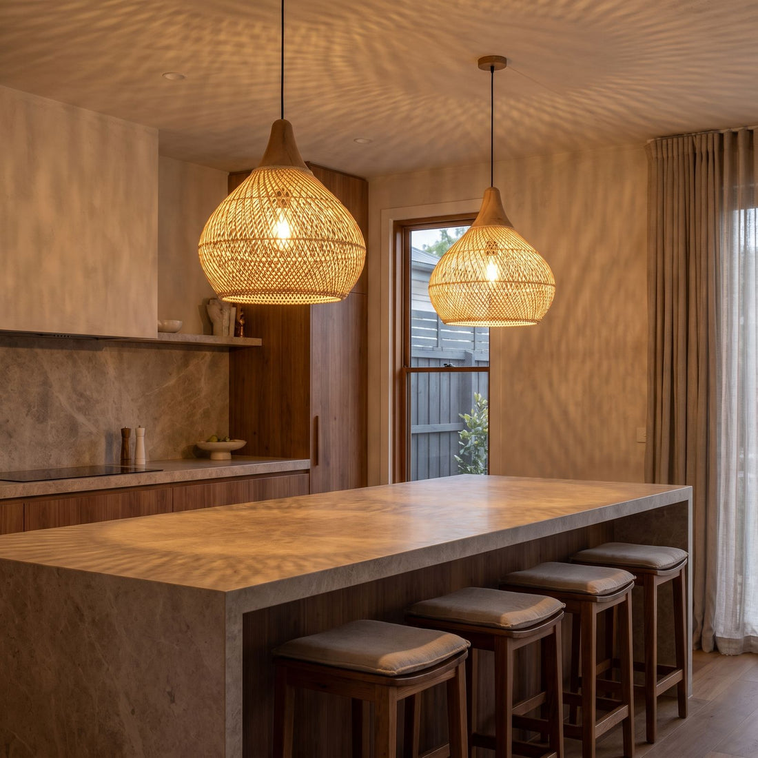 Rattan Pendant Light Teardrop Woven Shade Wood Top Hanging Ceiling Fixture