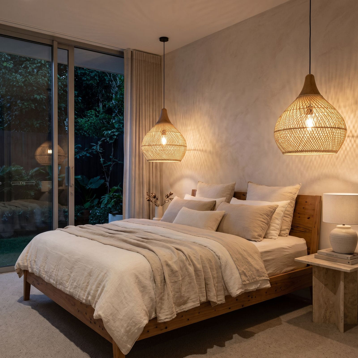 Teardrop Woven Rattan Pendant Light centred above a bed
