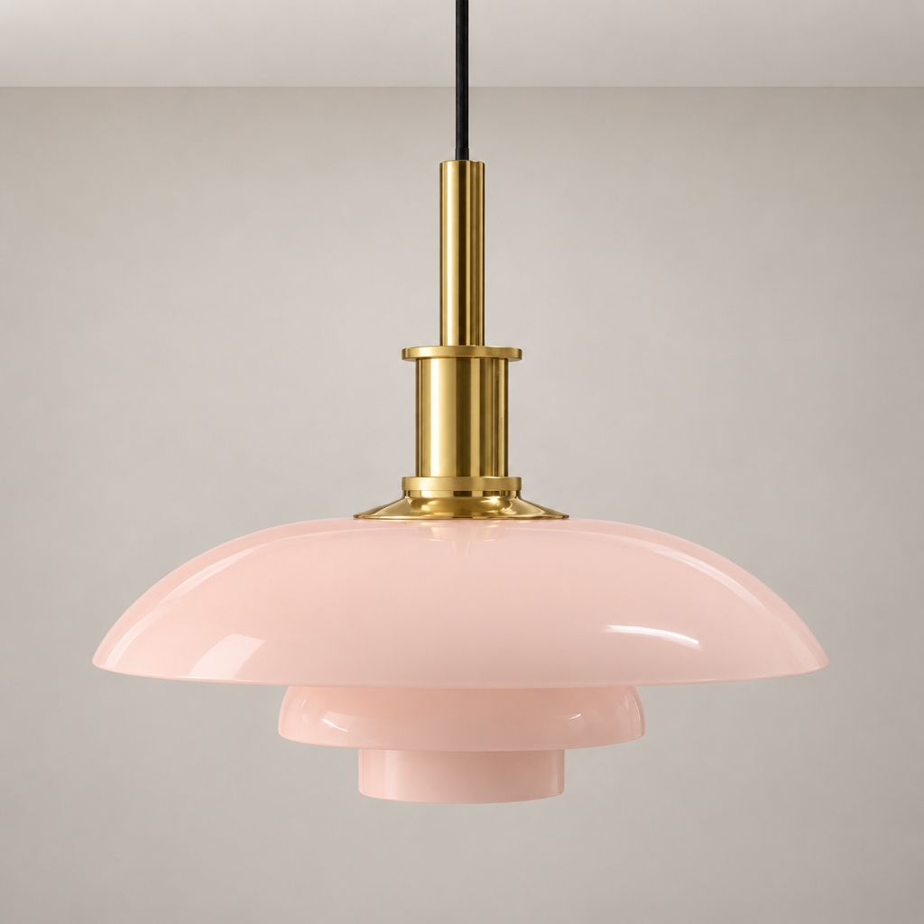 Three-Tier Opal Glass Pendant Light, large pink glass shade with natural brass hardware