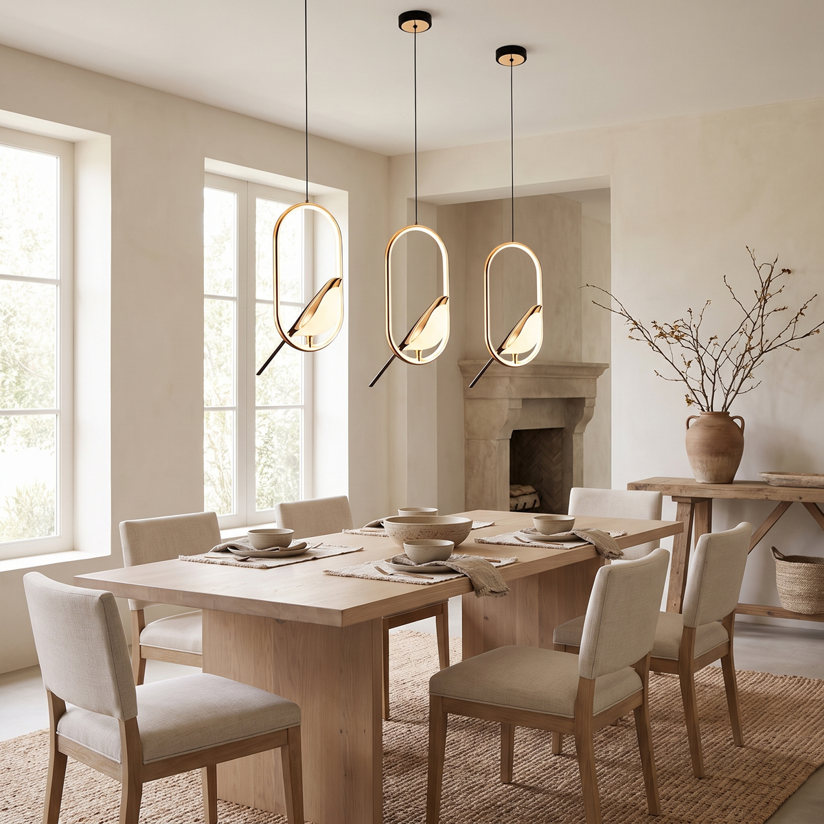 Three gold oval bird pendants at staggered heights over an oak dining table