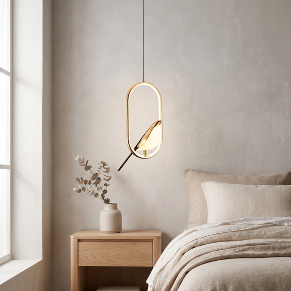 Bird Pendant Light LED Oval Ring Gold Frame Hanging Ceiling Lamp Dining Bedroom