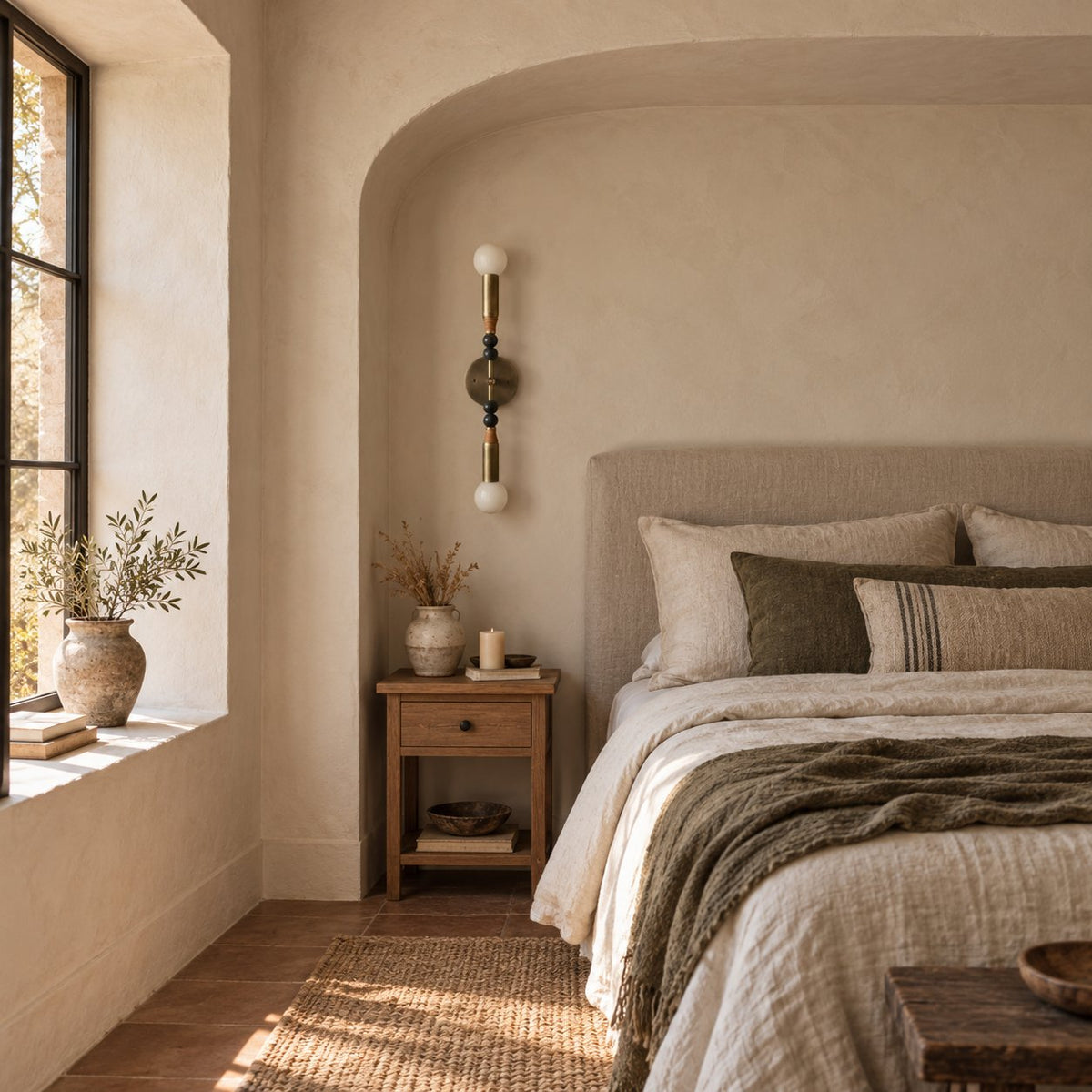 Torto antique brass double-globe wall sconce with black marble beads above a nightstand in a bedroom alcove.