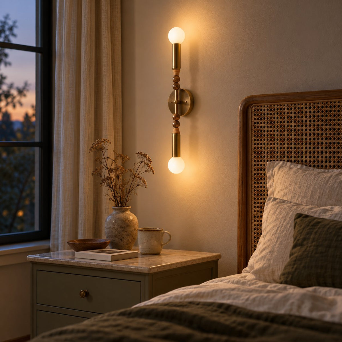 Torto brass double-globe wall sconce lit above a cane headboard bed at dusk.