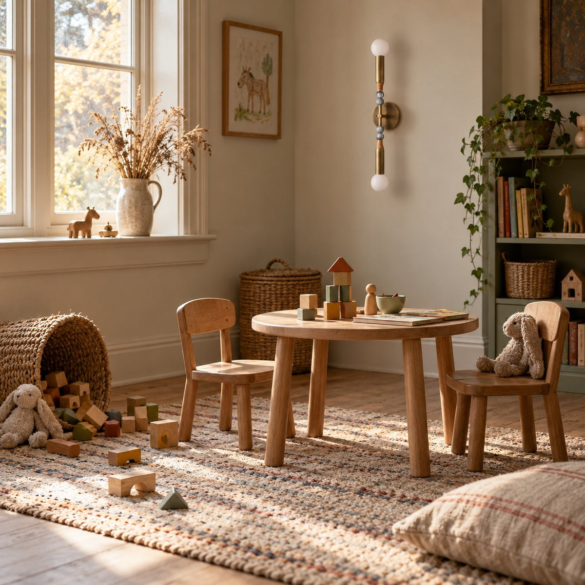 Torto brass double-globe wall sconce above a wooden kids' table and chairs in a playroom.