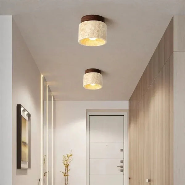 Travertine Wood Flush Mount Ceiling Light 4.7 Inch Drum Shade Hallway Indoor
