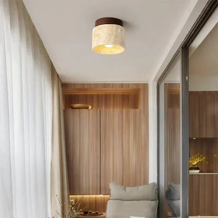 Travertine Wood Flush Mount Ceiling Light 4.7 Inch Drum Shade Hallway Indoor