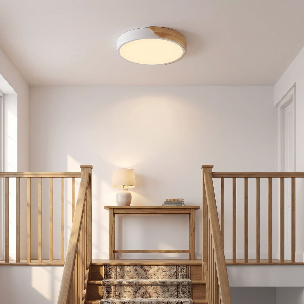 The 30 cm ultra thin LED oyster ceiling light on a stair landing
