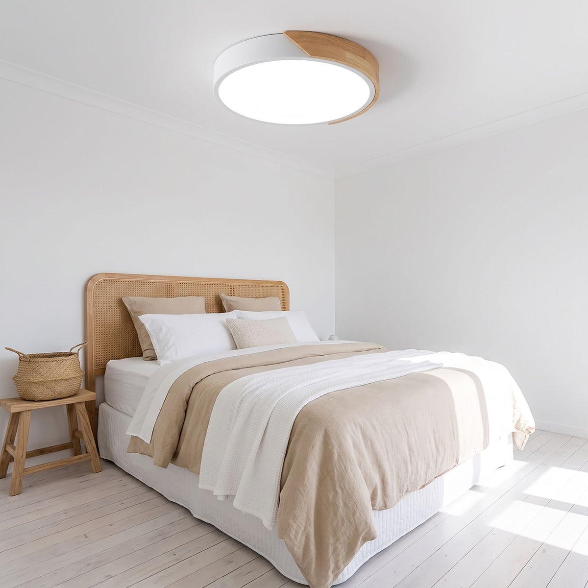 The 40 cm ultra thin LED oyster ceiling light in a coastal guest bedroom