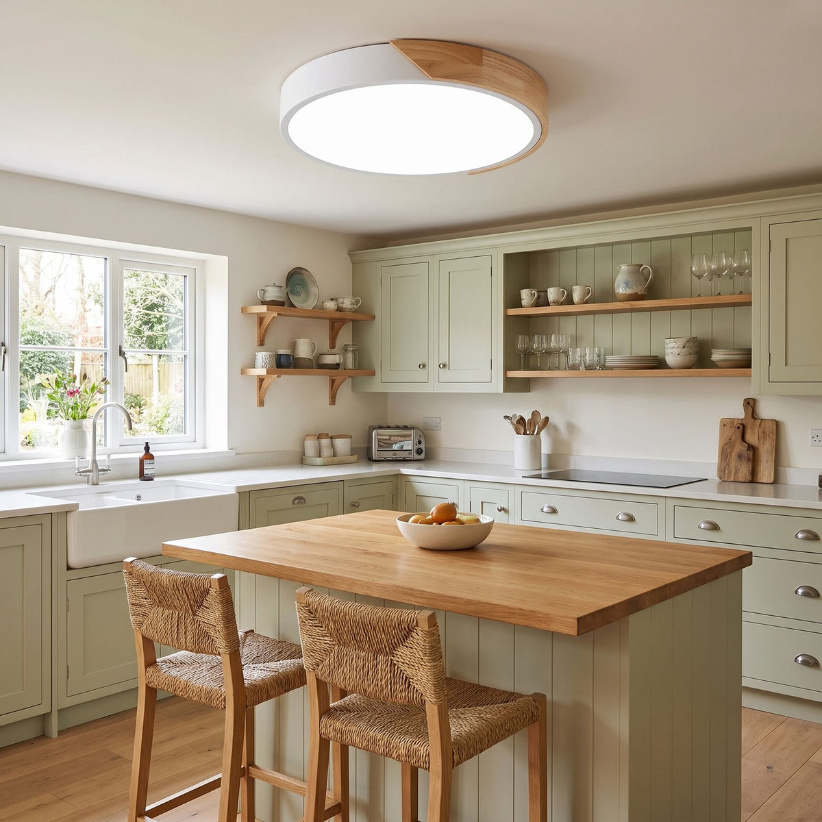 The 50 cm ultra thin LED oyster ceiling light above a country kitchen island