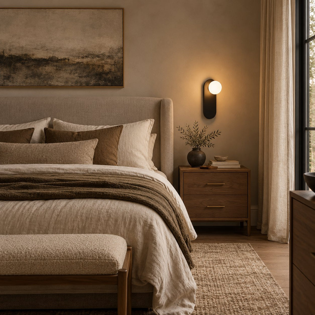 Valença oval plate wall sconce in black, in a bedroom.