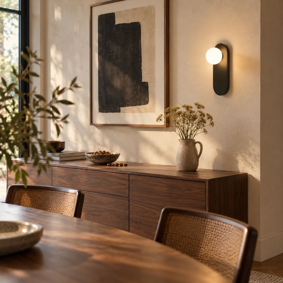 Valença oval plate wall sconce, warm light, in a dining room.